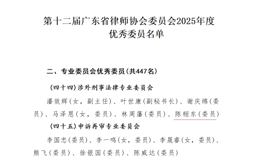 喜讯 | 本所陈栩东律师荣获广东省律师协会涉外刑事法律专业委员会“2025年度优秀委员”称号！